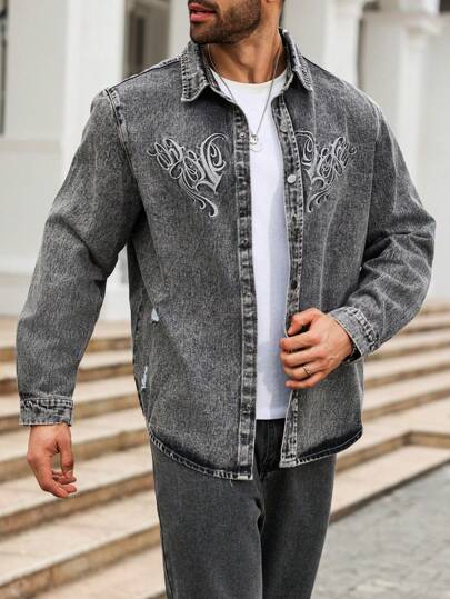 Manfinity LEGND Plus Size Men's Distressed Wash Embroidered Long Sleeve Denim Shirt