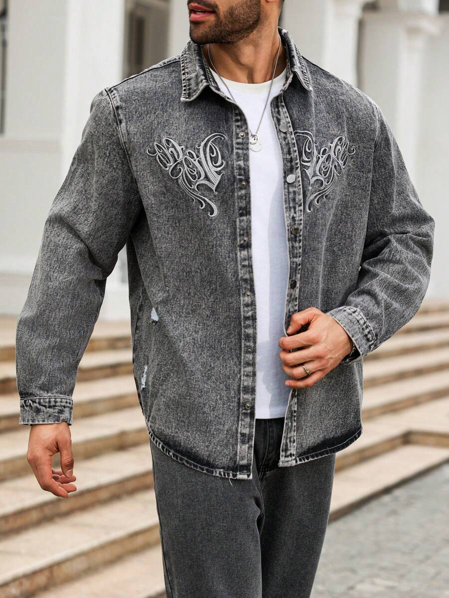 Manfinity LEGND Plus Size Men's Distressed Wash Embroidered Long Sleeve Denim Shirt