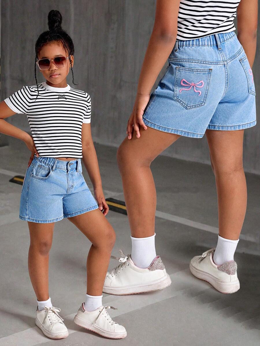 Tween Girls' Bow Embroidered Patch Pockets Casual Fashion Denim Shorts, School, Campus, College