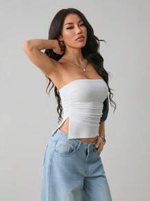 SHEIN PETITE Women's Summer Solid Color Ruched Bustier Top, Fitted With Side Slit Tube Top - White - View 5