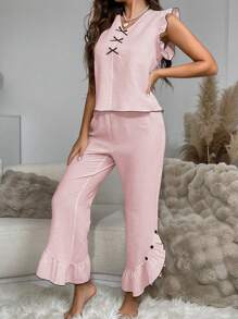 SHEIN Snug Reverie 撞色蝴蝶结和荷叶边下摆短袖上衣长裤睡衣套装