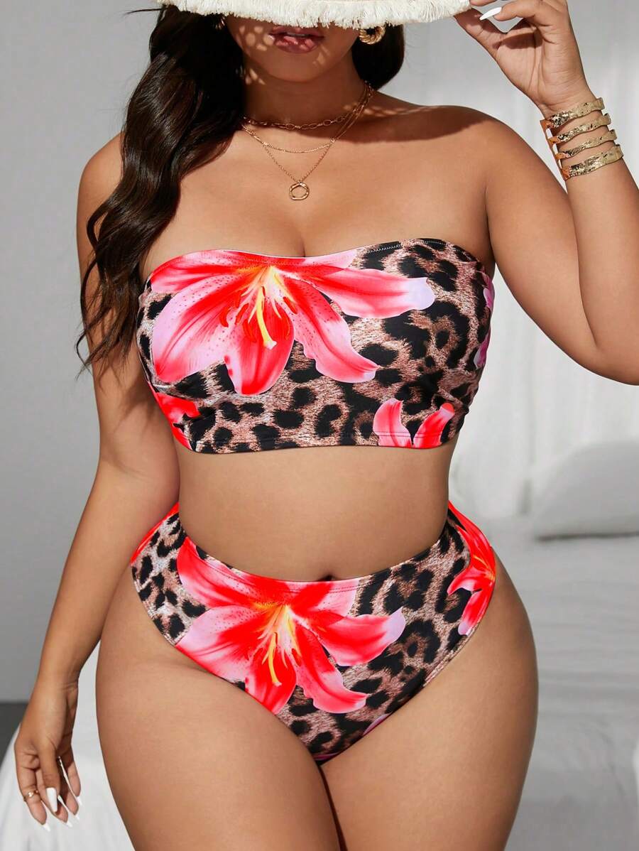 Swim Vcay Plus Size Leopard & Tropical Floral Random Print Swimsuit Set For Summer Beach Vacation - Red - View 1