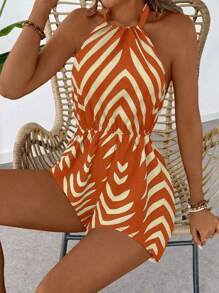 Breezaya 女式条纹印花休闲吊带连体裤 - 黃色 - 查看 5