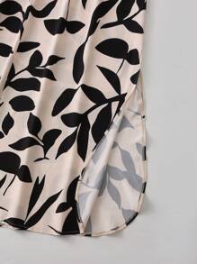 SHEIN VCAY 大码休闲植物印花露肩高开衩连衣裙，适合夏季和冬季，超长度假海滩装，长款度假休闲连衣裙，母亲节礼物，复活节服装，女士度假装，女士音乐会装，女士毕业礼服 - 卡其色 - 查看 5