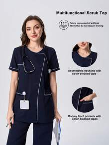 Scrubzie Camice da infermiera donna con scollo asimmetrico e tessuto a contrasto di colore, a maniche corte