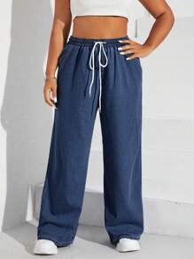 SHEIN EZwear Plus Size Casual Daily Slant Pocket Drawstring Waist Denim Jeans - Dark Wash - View 1