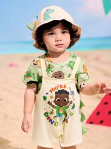 CoComelon X SHEIN 男宝宝卡通恐龙印花绿色可爱百搭短袖 T 恤和米色连体衣 2 件套 - 米色 - 查看 1