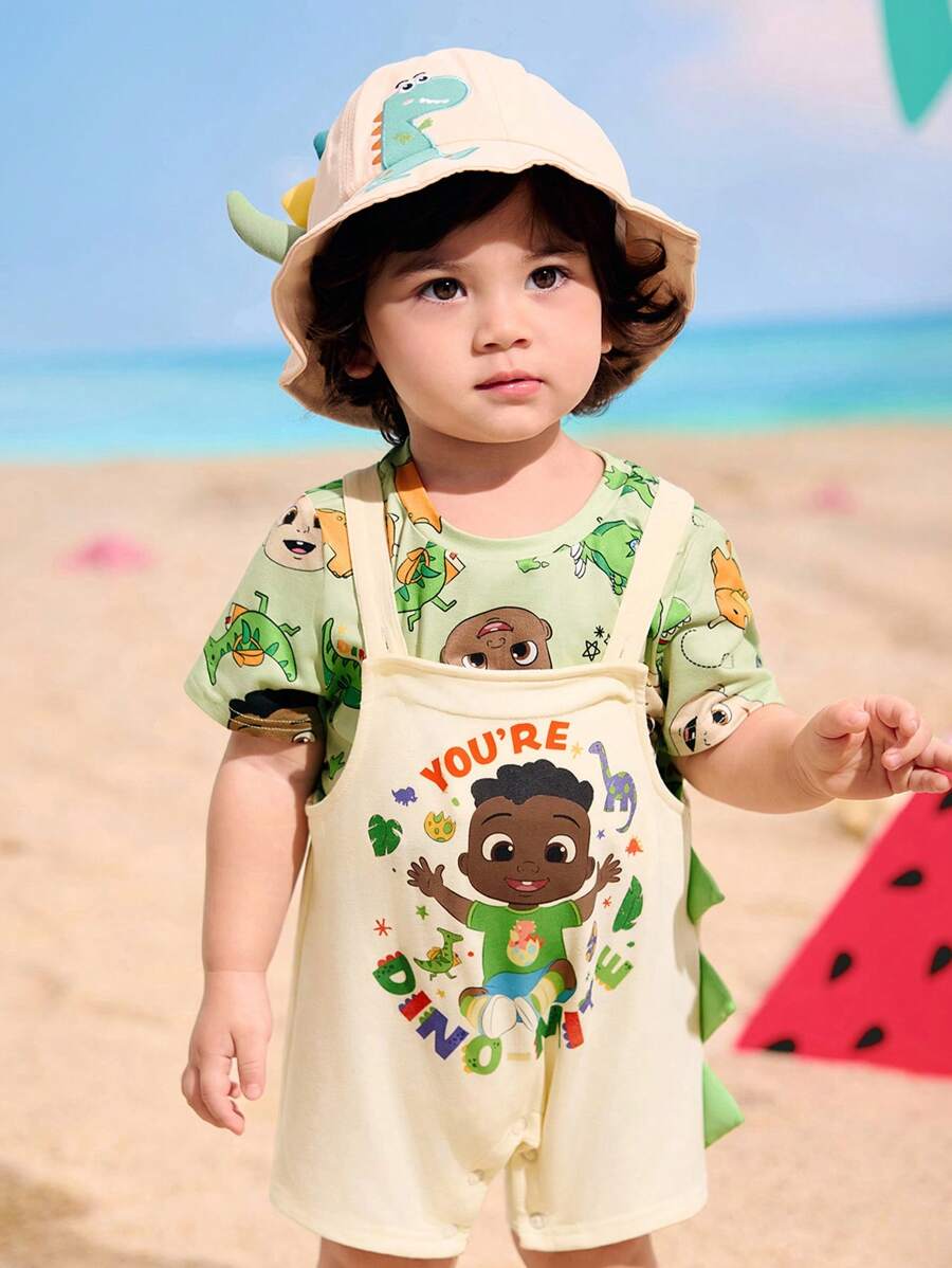 CoComelon X SHEIN 男宝宝卡通恐龙印花绿色可爱百搭短袖 T 恤和米色连体衣 2 件套 - 米色 - 查看 1