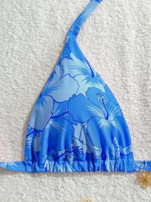 Swim Mod Plus Size Women's Summer Tropical Floral Decor Fashion Halter Triangle Bikini Top - Blue - View 4