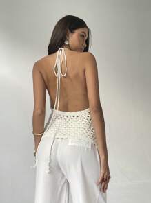 Aloruh New Fashion Sexy Halter Vintage Crochet Beach/Vacation Hollow-Out Deep V-Neck Backless Vest - Apricot - View 2