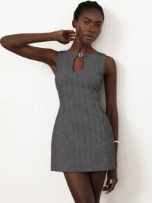 Aveloria Modichic Vestido Curto Linha-A Decorativo Colete com Fivela de Metal Muito Cravejada de Strass, Estilo Francês de Moda, Colarinho Vazado - Cinza - Visão 6