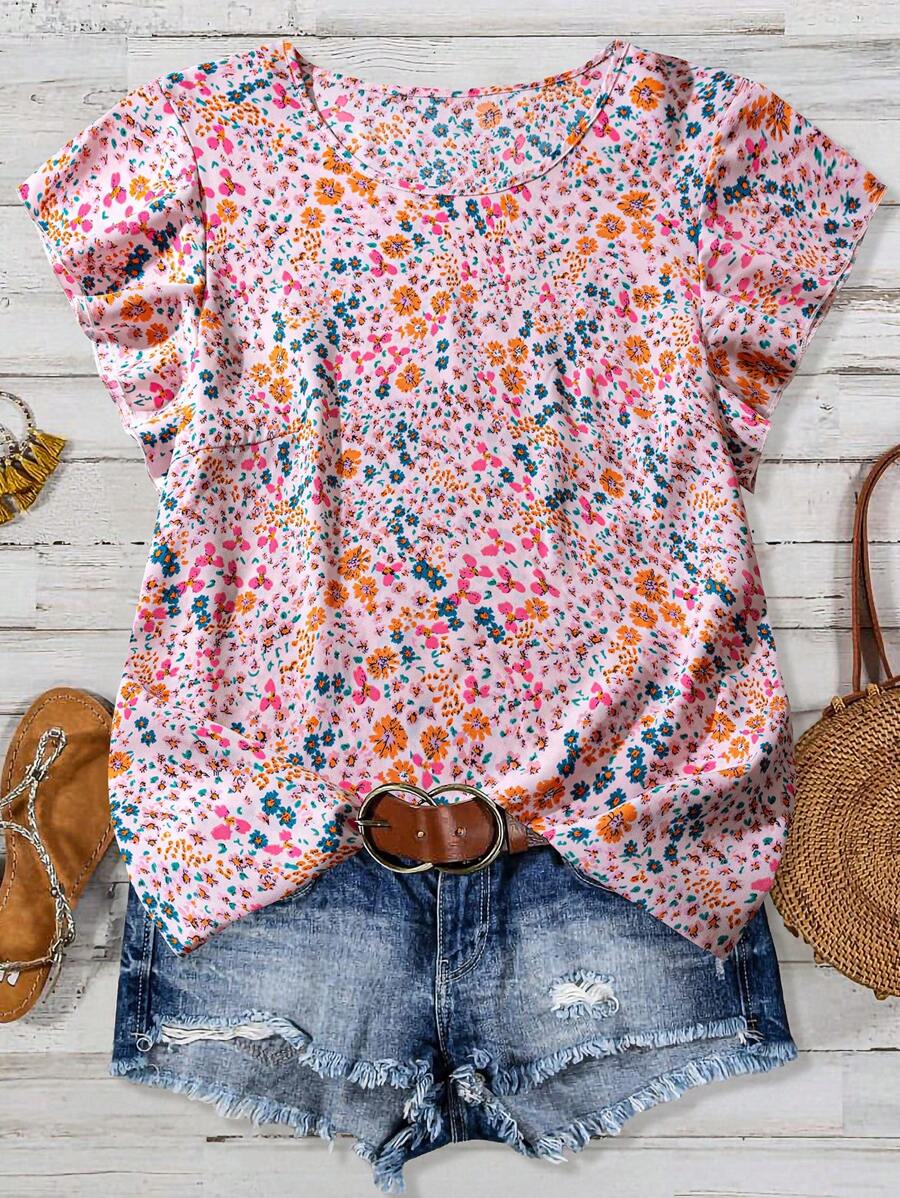 Linhara 大码碎花宽松雪纺衬衫，飘袖，休闲度假风格 - 粉色 - 查看 1