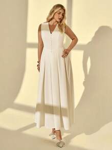 Auralis Plus Size Women's Solid Color Button V-Neck Sleeveless Pleated Elegant Dress