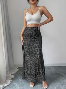 Rafferiza 女士网眼豹纹抽绳开衩优雅半身裙 - 灰色 - 查看 4