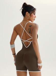 SHEIN Sports 女士瑜伽螺旋塑腰紧身运动短裤 - 棕色 - 查看 2