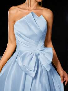 Glamrae Elegant Romantic Satin Asymmetrical Ruched Bustier Maxi Dress With Oversized Bow Decor & High Slit, Suitable For Evenings, Parties, Dates, Gala, Formal, Party Dress, Gown, For Wedding Guest - Baby Blue - View 1