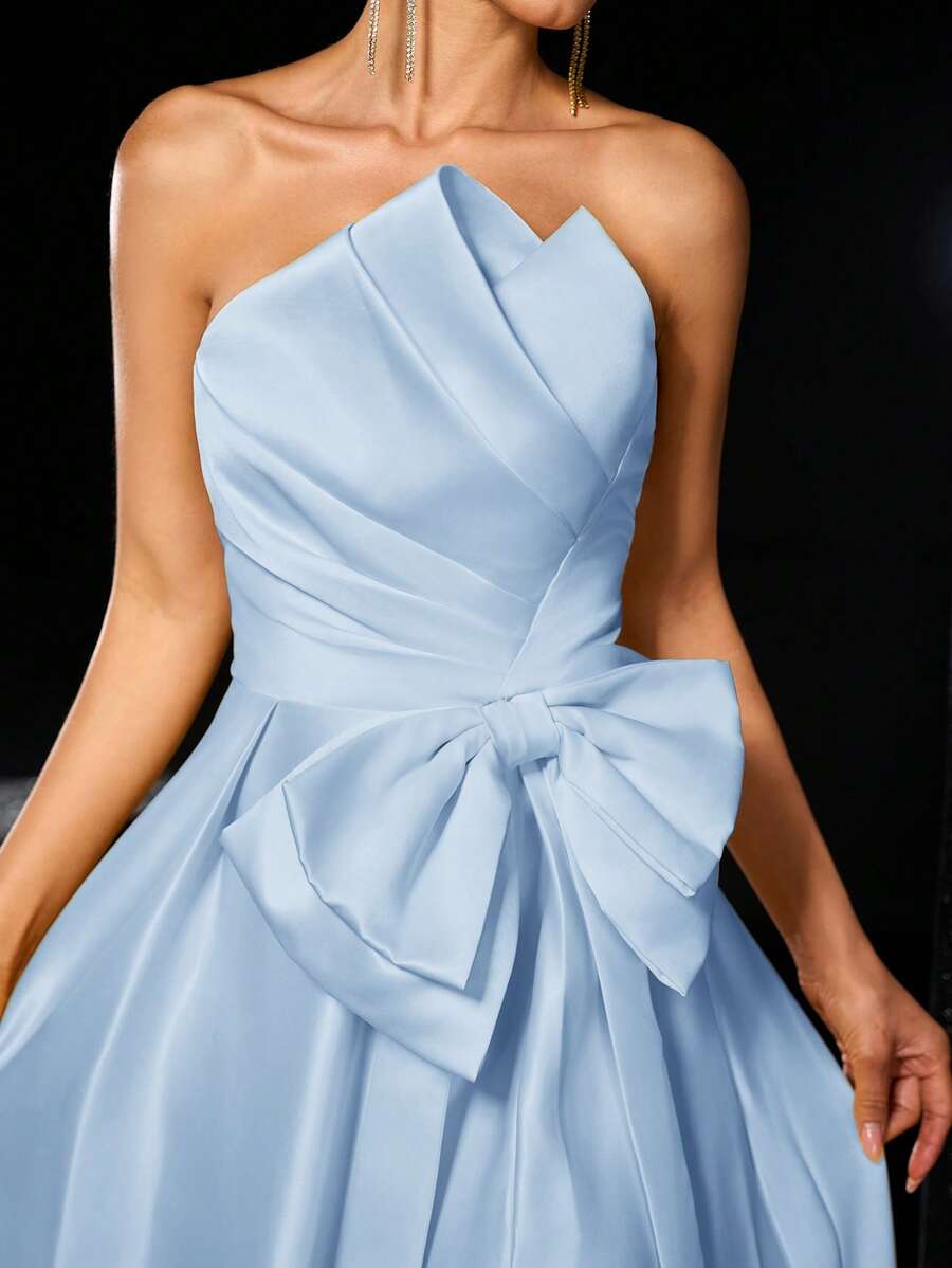 Glamrae Elegant Romantic Satin Asymmetrical Ruched Bustier Maxi Dress With Oversized Bow Decor & High Slit, Suitable For Evenings, Parties, Dates, Gala, Formal, Party Dress, Gown, For Wedding Guest - Baby Blue - View 1