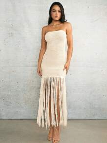 Silquee Island Girl 钩针长裙罩衫杏色亚麻露肩春夏度假海滩超长流苏迷你钩针连衣裙 - 杏色 - 查看 7