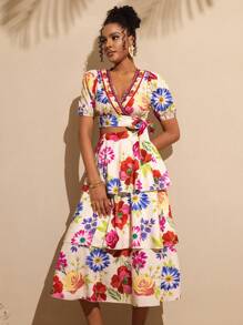 Vesra 2 件女士度假印花系带短款上衣和蛋糕裙套装