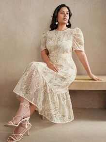 Anewsta Elegant Textured Apricot Short Sleeve Crew Neck Dress, Spring/Summer - Apricot - View 4