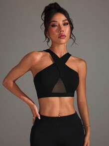 Easithlete Biustonosz sportowy z siateczki w jednolitym kolorze, z wiązaniem na krzyż