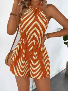 Breezaya 女式条纹印花休闲吊带连体裤 - 黃色 - 查看 1