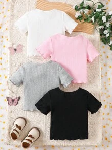 SHEIN Vintaside Kids 4pcs Baby Girl Casual Versatile Cute Embroidered Short Sleeve Top Set - Black and White - View 2