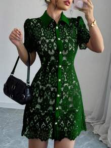 Elenzga Women's Elegant Solid Color Front Button Short Sleeve Dress, Summer - Green - View 1