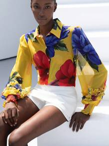 Aveloria Modichic Chiffon Contrast Color Floral Print Layered Flounce Cuff Long Sleeve Blouse Button Up Shirt Women  Fall Cloth For Women - Yellow - View 2
