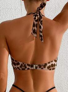Swim Vcay 2025 Leopard Print Halter Neck Swimsuit Top For Summer Beach Vacation - Multicolor - View 2