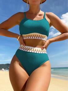 Swim Vcay 2 件套撞色松紧带吊带分体比基尼泳装