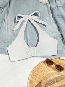 SHEIN Swim Spring Break Women's U-Neck Ruched Front Halter Neck Bikini Top, Simple & Fashionable Versatile Swimsuit For Summer Beach Vacation - White - View 5