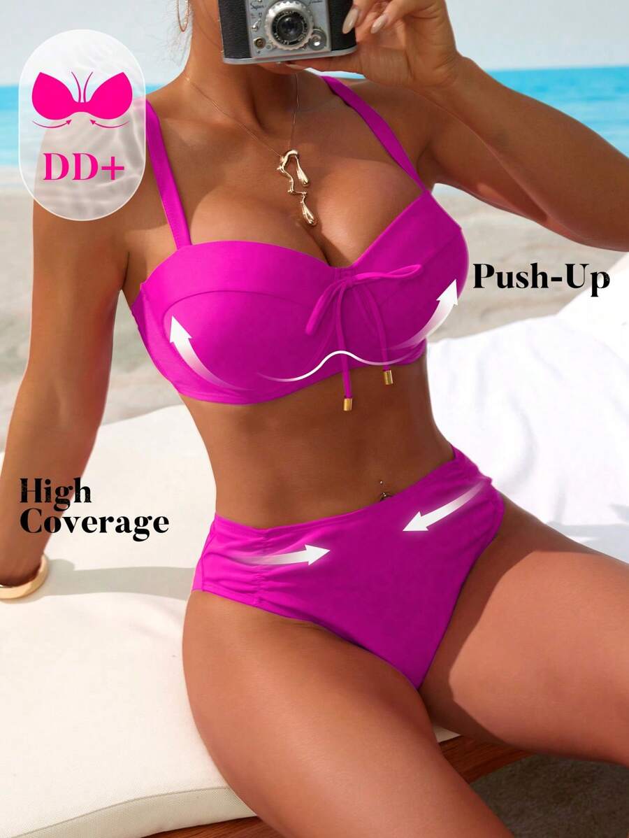 Swim DD+ Bộ đồ bơi mùa xuân cho nữ có dây lưng, nơ phía trước, nâng ngực đến cúp D/DD, quần short xếp ly hai bên, bikini thời trang ngày lễ 2 món - Màu Hồng Tươi - Xem 1