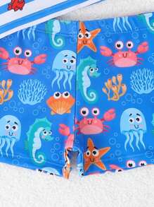 SHEIN 2pcs Baby Boy Cute Crab Graphic Raglan Sleeve Top And Striped Shorts Swimsuit Set, Suitable For Summer Beach, Pool, Swimming, Water Park, Surfing - Multicolor - View 4