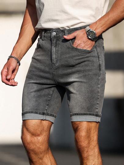 Manfinity Homme Men's Grey Denim Bermuda Shorts: Classic Zipper Fly Mid-Length Casual Summer Shorts Going Out Urban Hang Out Office Work