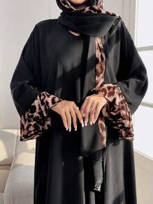 Al Najma Women's Leopard Print Patchwork Long Sleeve Casual Loose Arabic Style Dress With Hijab Scarf, Modest,Elegant, Maxi Length Arabian Dresses - Multicolor - View 3