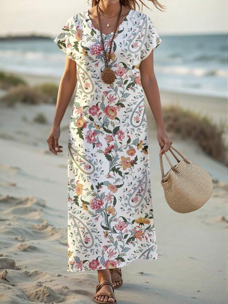 Women's Casual Maxi Dress: Floral Print, V-Neck, Short Sleeve, Split Thigh Knitted Fabric Dress For Everyday Style