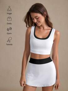 Eassivo Eassivo Set da donna casual 2 in 1 con maglione senza maniche e gonna sportiva a contrasto di colore, completo da allenamento per tutte le stagioni - Bianco - Visualizzare 4