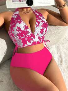 Swim Lushoire Plus Size Swimsuit Set, Functional Swimwear & Triangle Swim Trunks, Fashionable For Summer - Hot Pink - View 4
