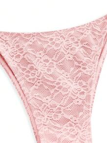 Swim Mod Women's Cute Retro Lace Trim Cropped Tank Top Bikini Swimsuit For Summer Beach Vacation - Pink - View 3