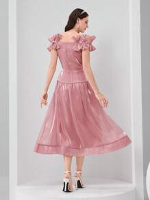 Modelyn Women's Elegant Dusty Pink Midi Dress With Square Neckline And Unique Bow-Knot Sleeveless Design - Dusty Pink - View 3