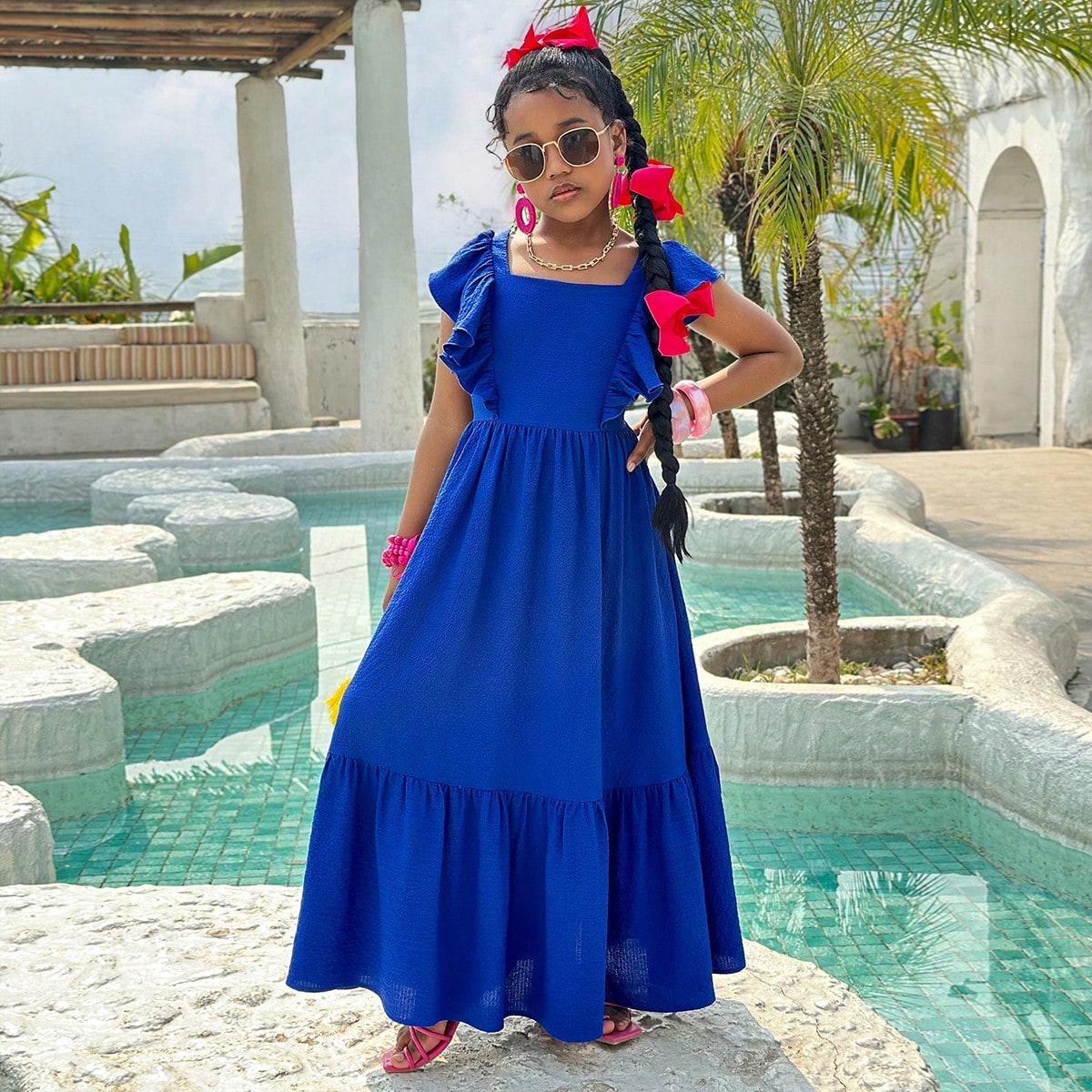 Vestido casual texturizado con volantes en el bajo para niñas preadolescentes, ideal para vacaciones, primavera/verano, apto para playa o resort
