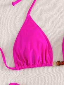 SHEIN Swim 春假夏季海滩两件套泳衣，不对称珠饰露背系带设计，性感 - 玫紅色 - 查看 3