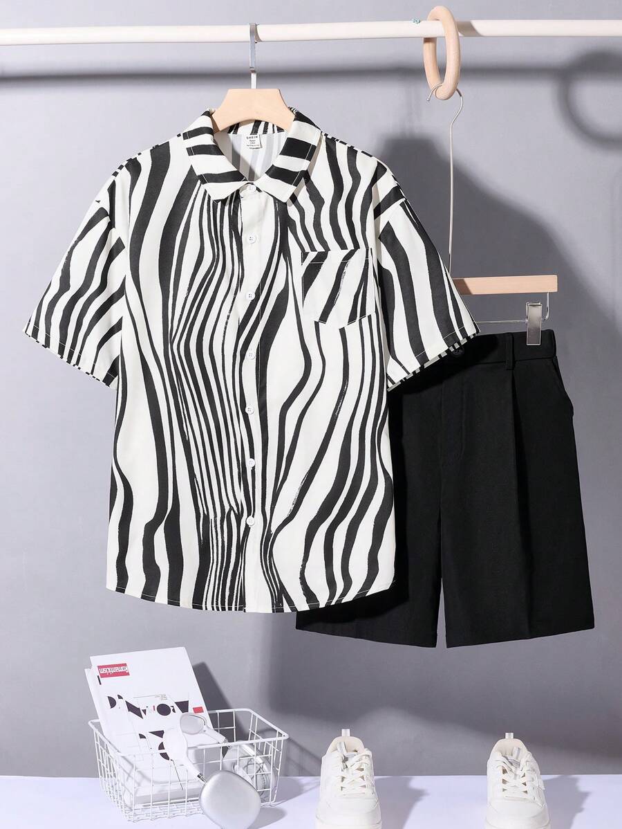 SHEIN Teen Boys' Striped Seabreeze Printed Short Sleeve Shirt & Cargo Shorts Set, Casual School/Vacation Outfit, Soft, Comfortable & Versatile - Black and White - View 1