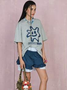 COUREZ Energy 1998 超大款短袖印花T恤 女式外出上衣 / 街头休闲 / Y2K / 休闲音乐节复古 100%纯棉 - 灰色 - 查看 2