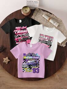 GraphicGems 3pcs/Set Teenage Girls Racing Pattern Crew Neck Knit T-Shirts, Comfortable & Versatile, School, Campus, College - Multicolor - View 3