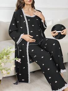 Moonlight&Mama 3pcs Maternity Sleepwear Set With Romantic Bubble & Cherry Blossom Print, Cozy And Elegant Details, Clothes, Fall & Winter - Black - View 5