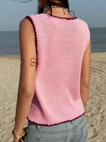 Jouncy Women Holiday Casual Contrast Trim Front Button Sleeveless Knit Top