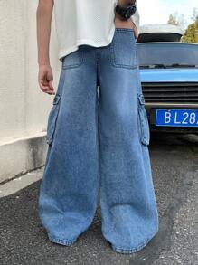 SHEIN 青少年男童时尚休闲Y2K蓝色牛仔工装口袋拉链宽松牛仔裤，适合儿童日常穿着，柔软舒适，也适合儿童春夏穿着。 - 彩色 - 查看 2