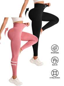 SHEIN Sports 简约纯色高腰无缝打底裤 - 彩色 - 查看 3